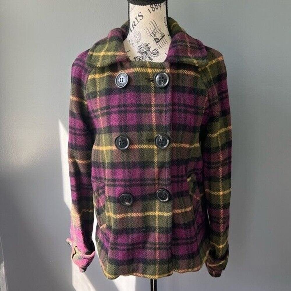 Y2K Aeropostale Wool blend lined plaid double breasted pea coat with pockets